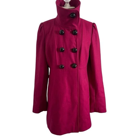 Guess Medium Magenta Pea Coat Wool Blend Cute Accents High Collar Mid Length - Picture 1 of 13